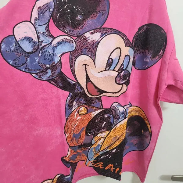 [BUNJANG] Disney Mickey Mouse Printed Sequin Tie-Dye T-Shirt / 디즈니 미키마우스 프린팅 스팽글 타이다이 나염반팔티셔츠<새상품>