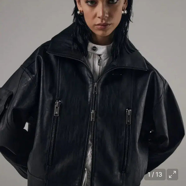 [BUNJANG] Trimingbird Bold Zip-Up High-Neck Leather Jacket / 트리밍버드 볼드 집업 하이넥 레더 자켓