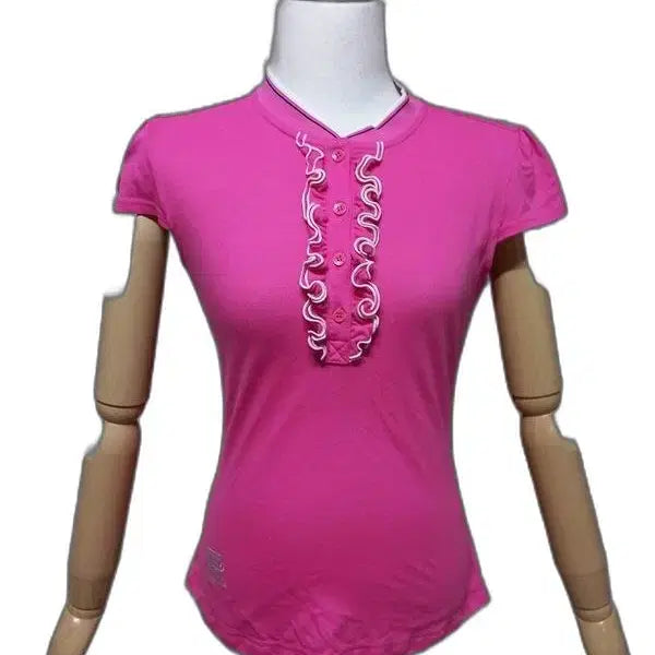 [BUNJANG] Munsingwear Authentic Pink Ruffle Women's Summer Golf T-Shirt / 먼싱웨어 정품 러플 핑크 여자 여름용 여성 골프 반팔티셔츠80