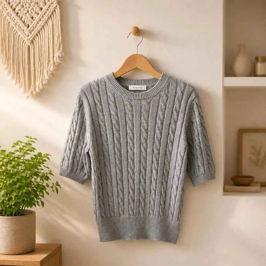 [BUNJANG] KUHO PLUS 2023 Cable Knit Short Sleeve Top Size 1 / 구호플러스 2023 케이블 반팔 니트 1사이즈