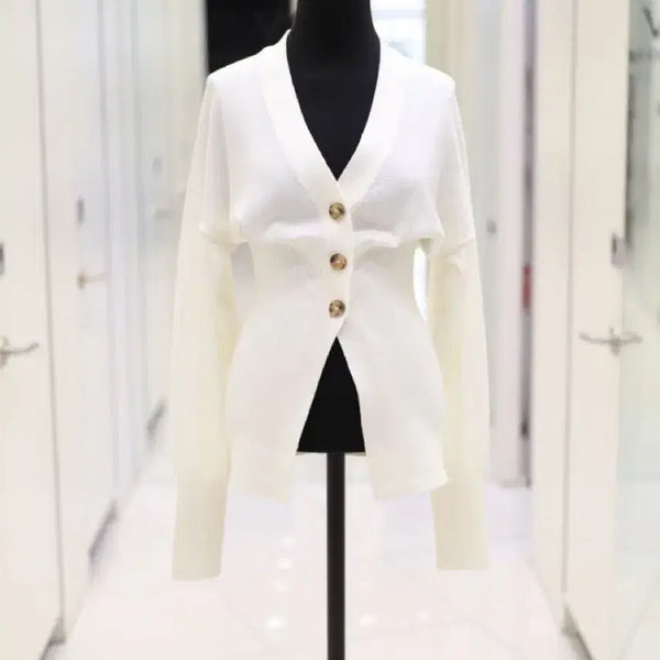 [BUNJANG] VOV Wool 100% Ribbed Knit Cardigan Ivory / 보브VOV 21년 울100 골지 니트 가디건 아이보리 브이넥벌룬퍼프셔링