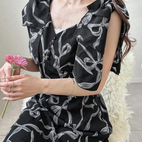 [BUNJANG] Friful Ribbon Button Long Dress Black / friful 리본 버튼 롱 원피스 블랙 스나계미셸마카롱에블린그레일쉬인