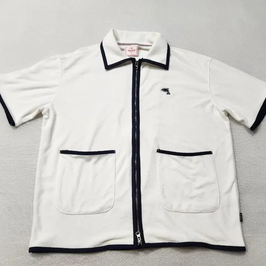 [BUNJANG] YK Dolphin Embroidery Terry Zip-Up Shirt (Size 105-110) / 와이케이 반팔 돌핀 자수 테리 집업 셔츠 105~110