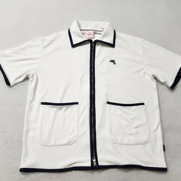 [BUNJANG] YK Dolphin Embroidery Terry Zip-Up Shirt (Size 105-110) / 와이케이 반팔 돌핀 자수 테리 집업 셔츠 105~110