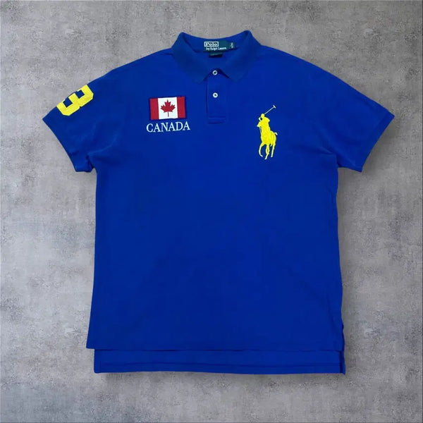 [BUNJANG] Polo Ralph Lauren Big Pony Canada Logo Blue Collar Short Sleeve T-Shirt L / 폴로 랄프로렌 빅포니 캐나다 로고 블루 카라 반팔티
