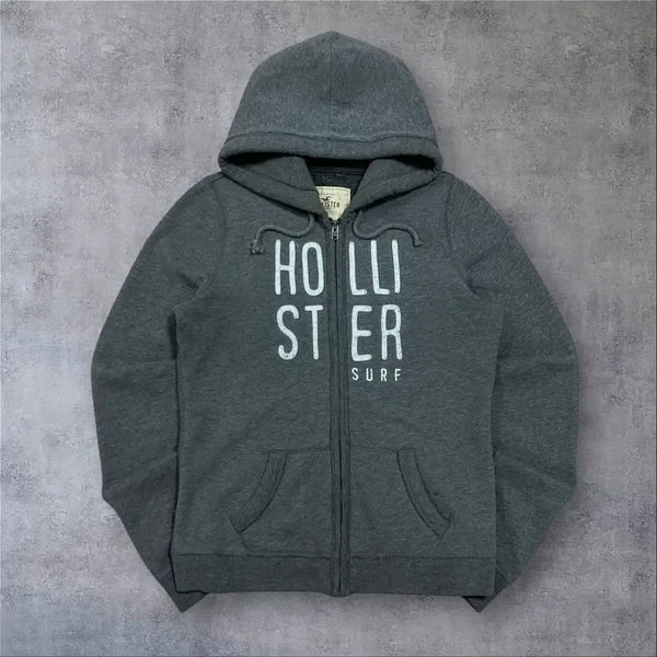 [BUNJANG] Hollister Y2K Spell Out Big Logo Charcoal Hooded Zip-Up Hoodie / 홀리스터 y2k 스펠아웃 빅로고 차콜 후드 집업