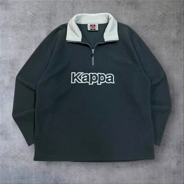 [BUNJANG] Kappa Spellout Big Logo Charcoal Half-Zip Fleece Sweatshirt / 카파 스펠아웃 빅로고 차콜 반집업 플리스 맨투맨