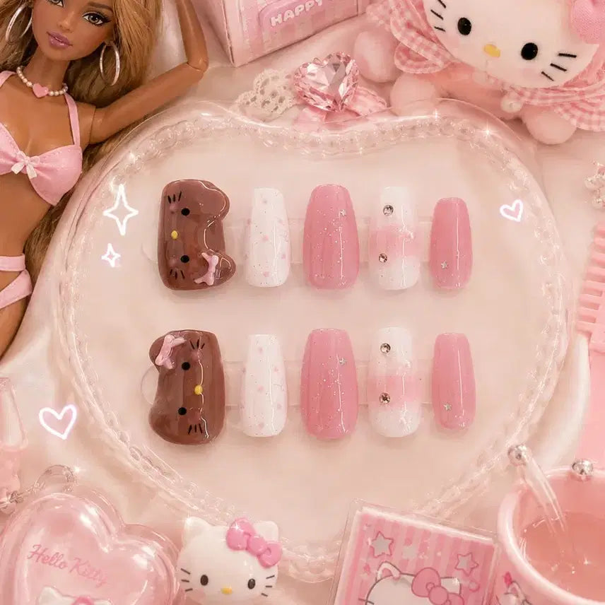 [BUNJANG] Handmade Nail Tips - Tanning Kitty Dot Pearl Cheek Gel / 태닝키티 도트 펄 치크젤 수제네일팁