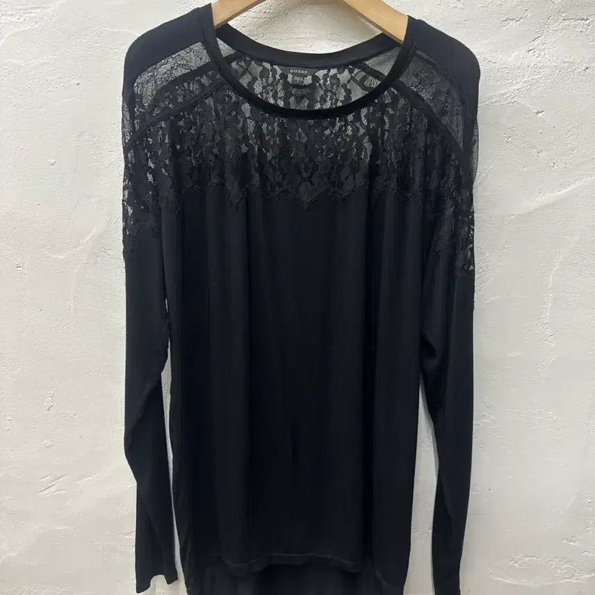 [BUNJANG] Guess Women's Black Lace Long Sleeve T-Shirt (Size S) / 상태좋음) 게스 여 티셔츠 블랙/레이스/스판/긴팔 S