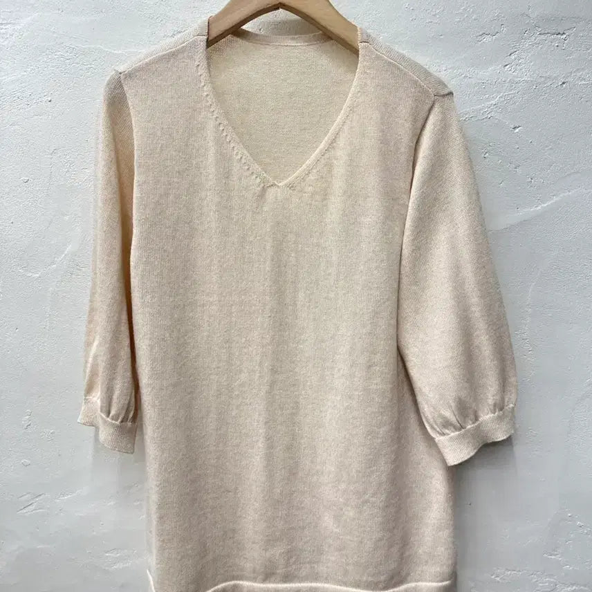 [BUNJANG] Annabelleef Women's Linen Blend Short Sleeve T-Shirt Beige / 상태최상) 아니베에프 여 티셔츠 베이지/니트/린넨혼방/반팔 77