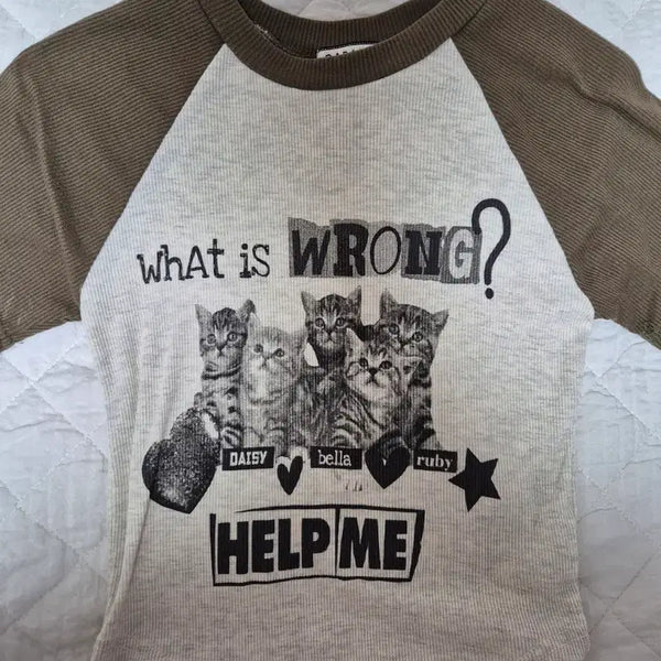 [BUNJANG] Cat Graphic Short Sleeve T-Shirt - Khaki / 고양이 반팔 티셔츠 카키