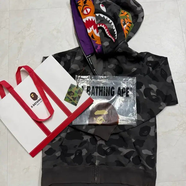 [BUNJANG] BAPE Color Camo Tiger Shark Wide Full Zip Double Hoodie XL / 베이프 컬러 카모 타이거 샤크 와이드 풀 집 더블 후드 XL
