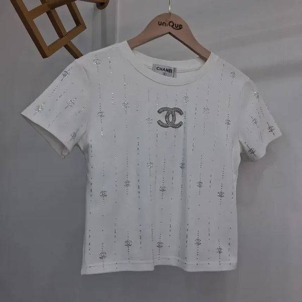 [BUNJANG] Womens Cubic Embellished Short Sleeve T-Shirt White / 반팔 티셔츠 화이트