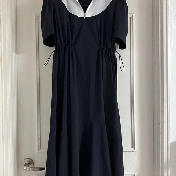 [BUNJANG] Free Size Long Dress with Hood - Navy/White / 새상품) 바스락원단 롱원피스 (free)
