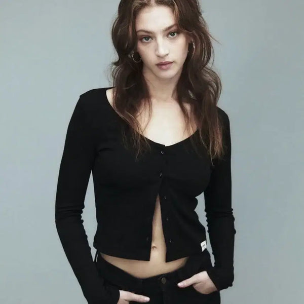[BUNJANG] GLOWNY G CLASSIC Rib V-Neck Cardigan Black / 글로니 G CLASSIC 립 브이넥 가디건