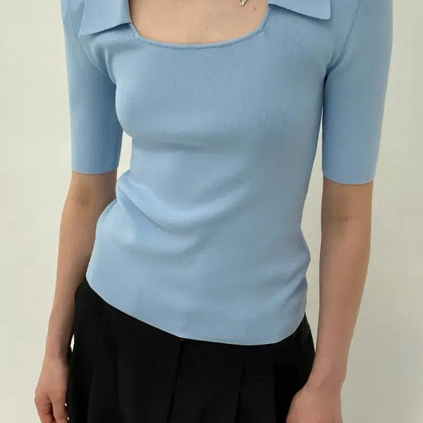 [BUNJANG] Dragon Blues Square Neck Knit Sky Blue / 드래곤블루스 스퀘어넥 칼라 니트 스카이블루