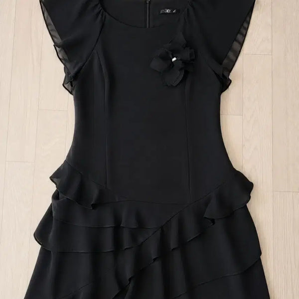 [BUNJANG] Black Chiffon Ruffle Midi Dress / [새제품] 블랙 쉬폰 프릴 원피스
