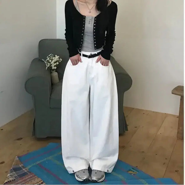 [BUNJANG] White Pin Tuck Button Long Wide Pants / 화이트 핀턱 단추 롱 와이드 팬츠(S)