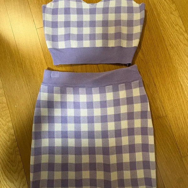 [BUNJANG] Checkered Knit Top and Skirt Set / 체크무늬 니트 탑 스커트 세트