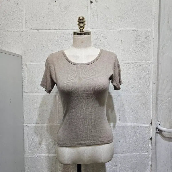 [BUNJANG] Round Neck Soft Plain T-Shirt - Cocoa / 허리라인 라운드 부드러운 무지 반팔- 코코아색