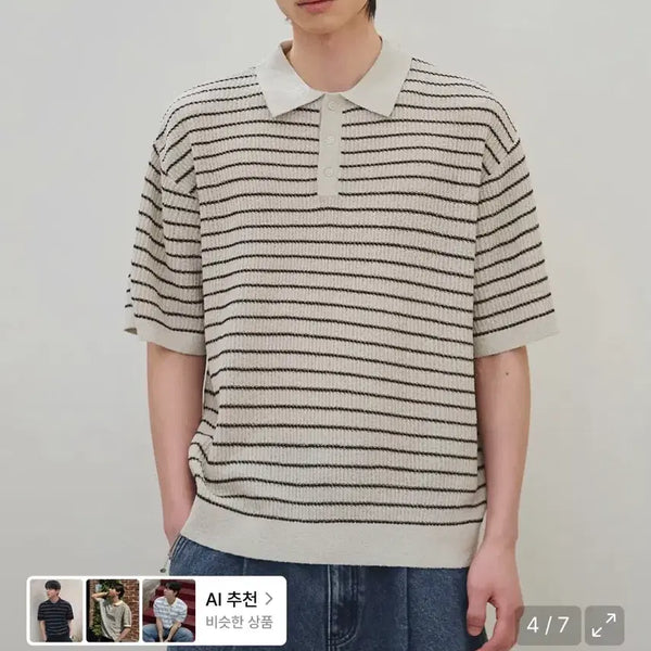 [BUNJANG] Rotember Stripe Collar Half Knit / (1회착용) 로템버 로우 스트라이프 카라 하프 니트