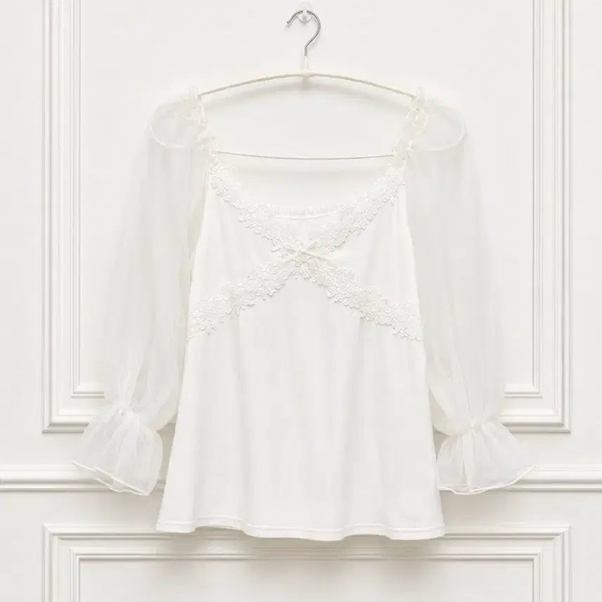 [BUNJANG] Hanamon vintage Angel Chiffon Shirring Lace Blouse / 하나모토 빈티지 엔젤 쉬폰 셔링 레이스 블라우스 티셔츠