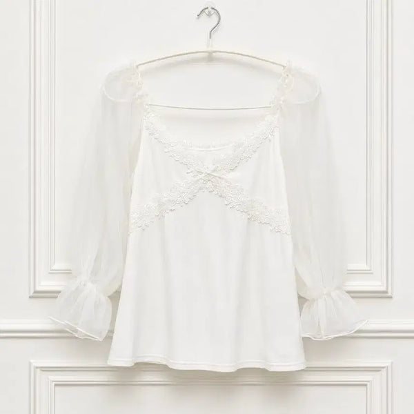 [BUNJANG] Hanamon vintage Angel Chiffon Shirring Lace Blouse / 하나모토 빈티지 엔젤 쉬폰 셔링 레이스 블라우스 티셔츠