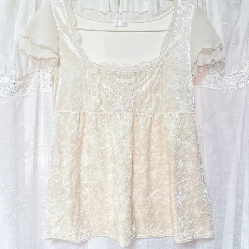 [BUNJANG] Hanamon Vintage Square Neck Chiffon Velvet Mori Blouse Top / 하나모토 빈티지 스퀘어넥 쉬폰 크림베이지 벨벳 모리 블라우스 탑