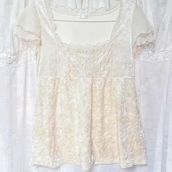 [BUNJANG] Hanamon Vintage Square Neck Chiffon Velvet Mori Blouse Top / 하나모토 빈티지 스퀘어넥 쉬폰 크림베이지 벨벳 모리 블라우스 탑