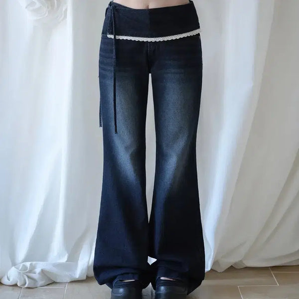 [BUNJANG] Mireco Layered Lace Wrap Denim Pants Dark Blue / 미레코 LAYERED LACE WRAP DENIM PT DARK BLUE