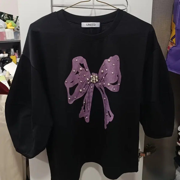 [BUNJANG] UNEED Ribbon Pearl Short Sleeve T-Shirt Black (New) / UNEEED 리본 진주 장식 반팔 티셔츠 블랙(새상품)