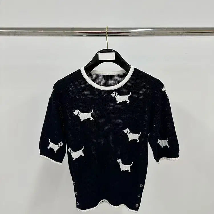 [BUNJANG] Thom Browne Women's Cotton Pointelle Crewneck Hector Short Sleeve Knit T-Shirt Navy / 톰브라운 여성 코튼 포인텔 크루넥 헥터 반팔 니트 티셔츠 네이비 매장구매