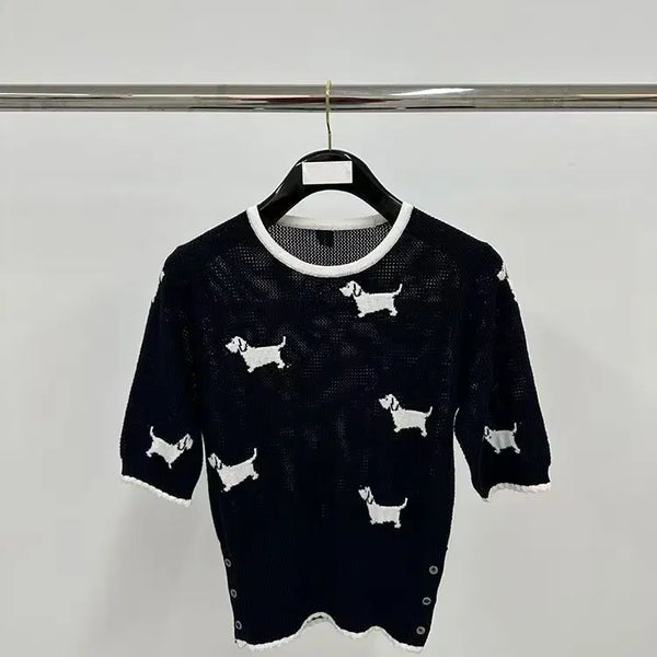 [BUNJANG] Thom Browne Women's Cotton Pointelle Crewneck Hector Short Sleeve Knit T-Shirt Navy / 톰브라운 여성 코튼 포인텔 크루넥 헥터 반팔 니트 티셔츠 네이비 매장구매