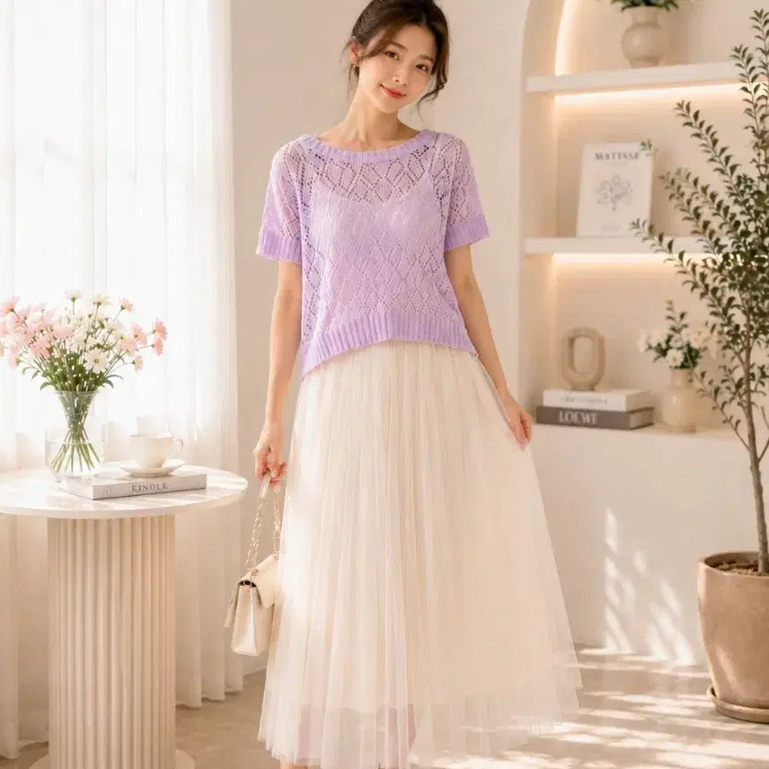 [BUNJANG] Lavender Loose Fit Knit & Ivory Tiered Skirt Set / 연보라색 루즈핏 니트 / 아이보리 캉캉 스커트 셋트