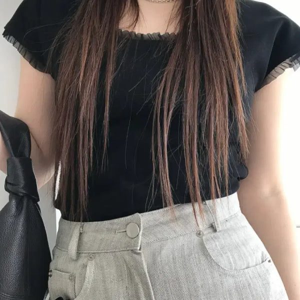 [BUNJANG] Aimhopmehk Black Frill T-Shirt / 에임홉메이크 블랙 프릴 티셔츠