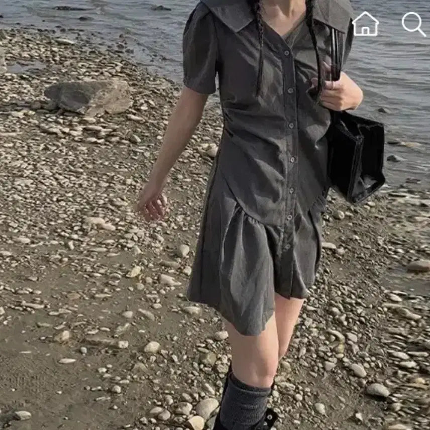 [BUNJANG] Aniewhere Shirring Collar Puff Button Dress / 에이블리 애니원모어 셔링 카라 퍼프 단추 원피스 / 빈티지무신사모리걸