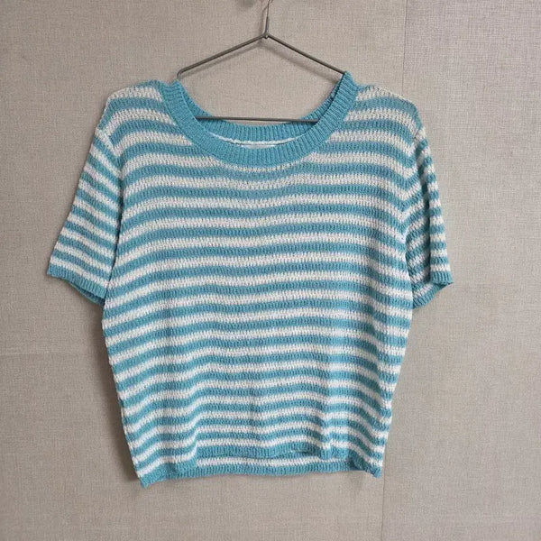 [BUNJANG] RIRI&CO Women's Striped Knit Short Sleeve Top (Size 66-77) / RIRI&CO 여성 단가라 니트 반팔 블루 66-77 JJ2830