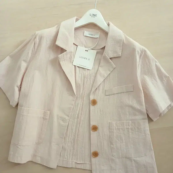 [BUNJANG] Linen Jacket Half Sleeve Pastel Beige / 택있는새옷) 깔끔 반팔 린넨자켓
