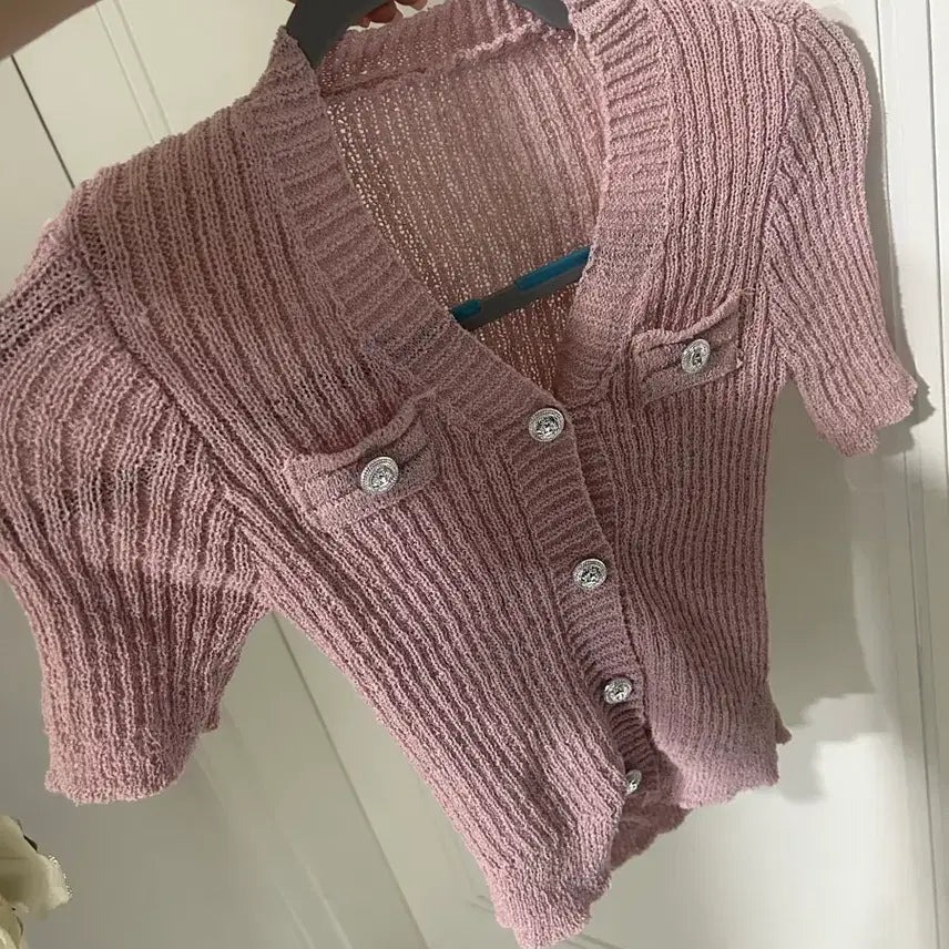 [BUNJANG] Silver Button Pink Short-Sleeve Knit Top / 은장 핑크 반팔니트