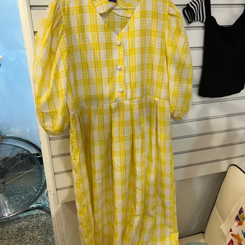 [BUNJANG] Yellow Check Puff Sleeve Midi Dress (Size 66-88) / 옐로우 체크 퍼프소매 원피스 66-88