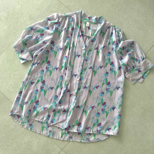 [BUNJANG] Lavender Floral Chiffon Short Sleeve Blouse / 연보라 꽃무늬 쉬폰 반팔 블라우스