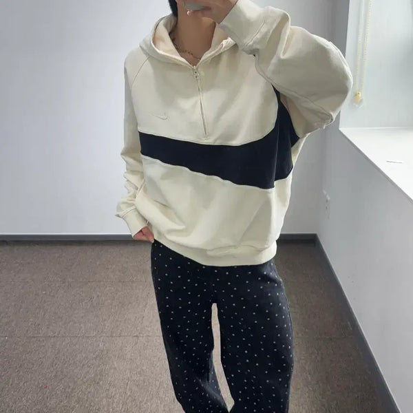 [BUNJANG] Nike Big Swoosh Ivory Half-Zip Hoodie / Nike 나이키 빅스우시 아이보리 반집업 후드티