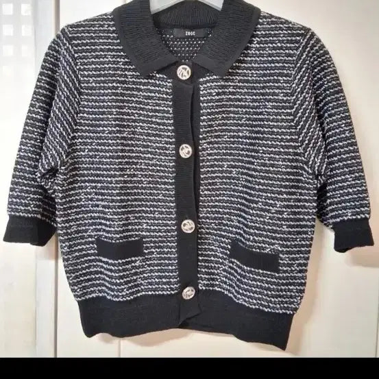 [BUNJANG] ZOOC Tweed Colorblock Short Sleeve Knit Cardigan / 쥬크(ZOOC) 트위드 배색 반팔 니트 가디건 (44~정55)