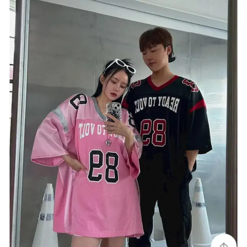 [BUNJANG] Unisex Rugby Oversized Mesh Short Sleeve Jersey T-Shirt / 남녀공용 럭비 오버핏 메쉬 져지 반팔 티셔츠 / 핑크 그레이