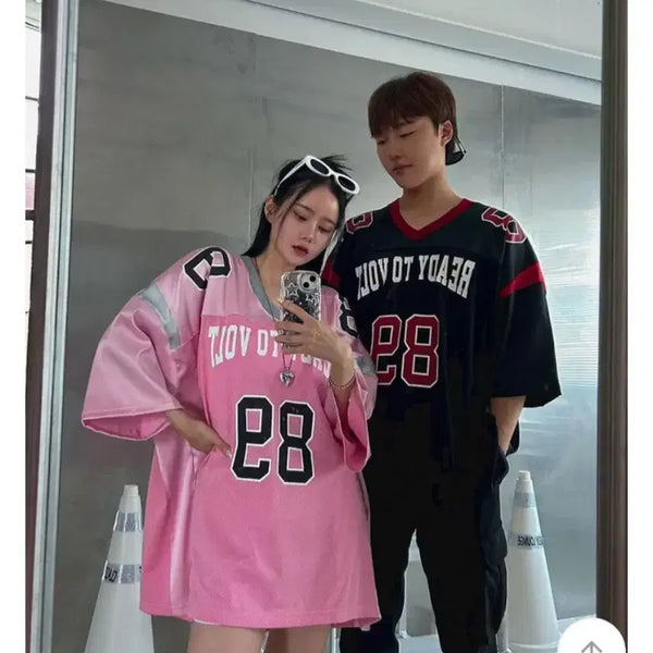 [BUNJANG] Unisex Rugby Oversized Mesh Short Sleeve Jersey T-Shirt / 남녀공용 럭비 오버핏 메쉬 져지 반팔 티셔츠 / 핑크 그레이
