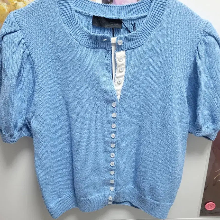 [BUNJANG] Zara Blue Puff Short Sleeve Cardigan / 자라 블루 퍼프 반팔 가디건