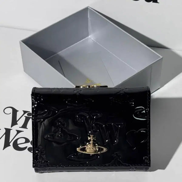 [BUNJANG] Vivienne Westwood Shiny Patent All Over Embossing Trifold Wallet Black / 비비안 웨스트우드 샤이니 페이턴트 올오버 엠보싱 삼단 반지갑 블랙