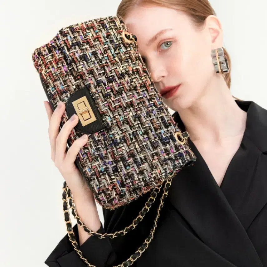 [BUNJANG] Tweed Flap Bag Black Chain Shoulder Crossbody Bag / 트위드 플랩백 블랙 체인백 숄더백 크로스백 금장 골드