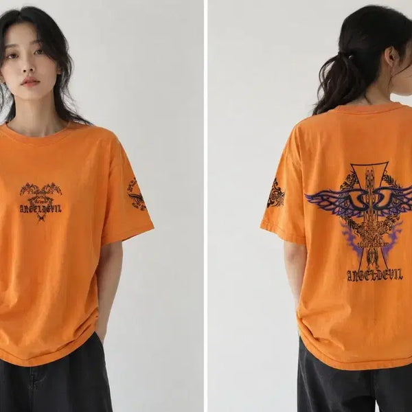 [BUNJANG] ANGEL DEVIL Tribal Graphic Y2K Orange Short Sleeve T-Shirt / [S] 엔젤데빌 트라이벌 그래픽 Y2K 오렌지 반팔 티셔츠