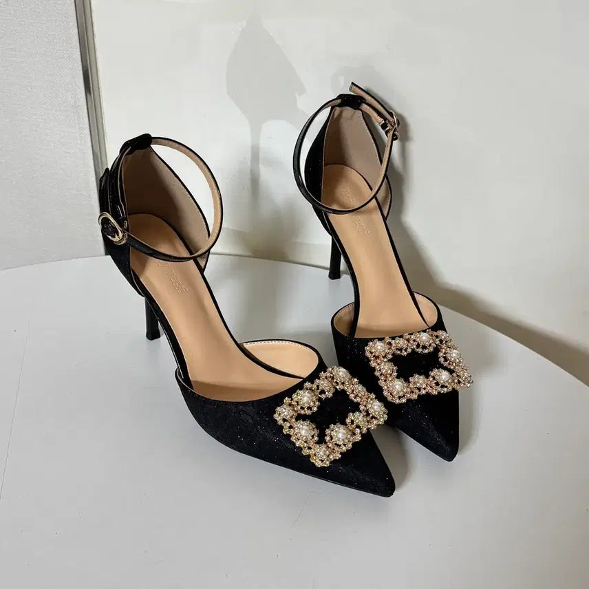 [BUNJANG] Black Pearl Cubic Strap High Heels (8cm, Size 240) / @새상품 240사이즈 8cm 블랙 진주 큐빅 장식 하이힐 스트랩 구두